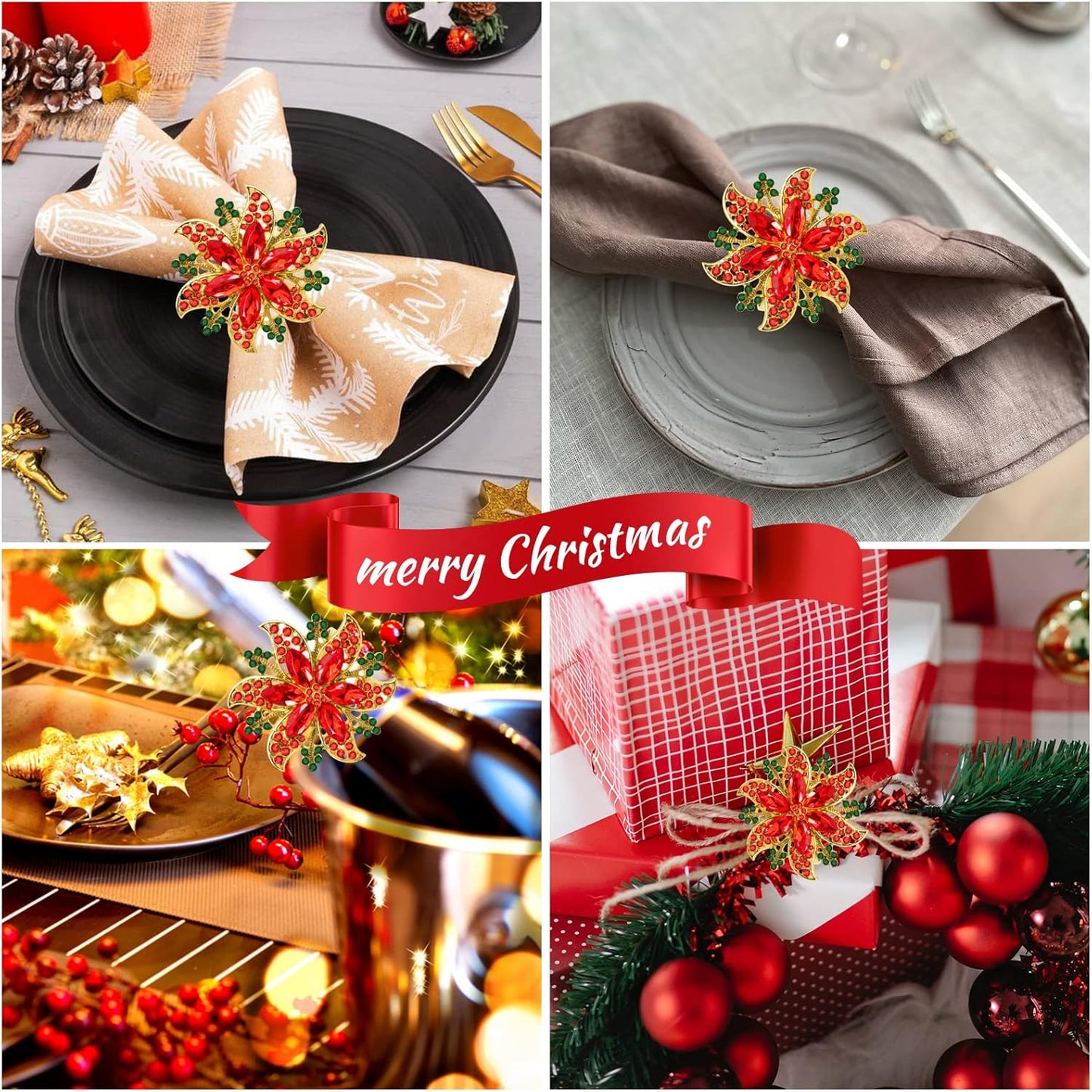 Legigo Set of 8 Christmas Flower Napkin Rings Set for Dinning Table Setting- Red Rhinestone Xmas Winter Napkin Ring Holders for Cloth Napkins, Christmas Holiday Party Dinner Table Decoration