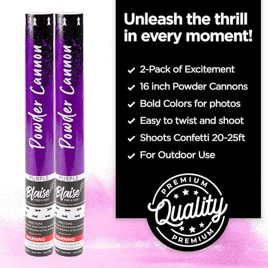Blaise Pyro & Party - Purple Powder Poppers - Water-Soluble & Colorful Powder Cannons for Gender Reveals, Birthdays, Weddings & Celebrations - Easy to Use for Memorable Photos - 16-Inch, 2-Pack