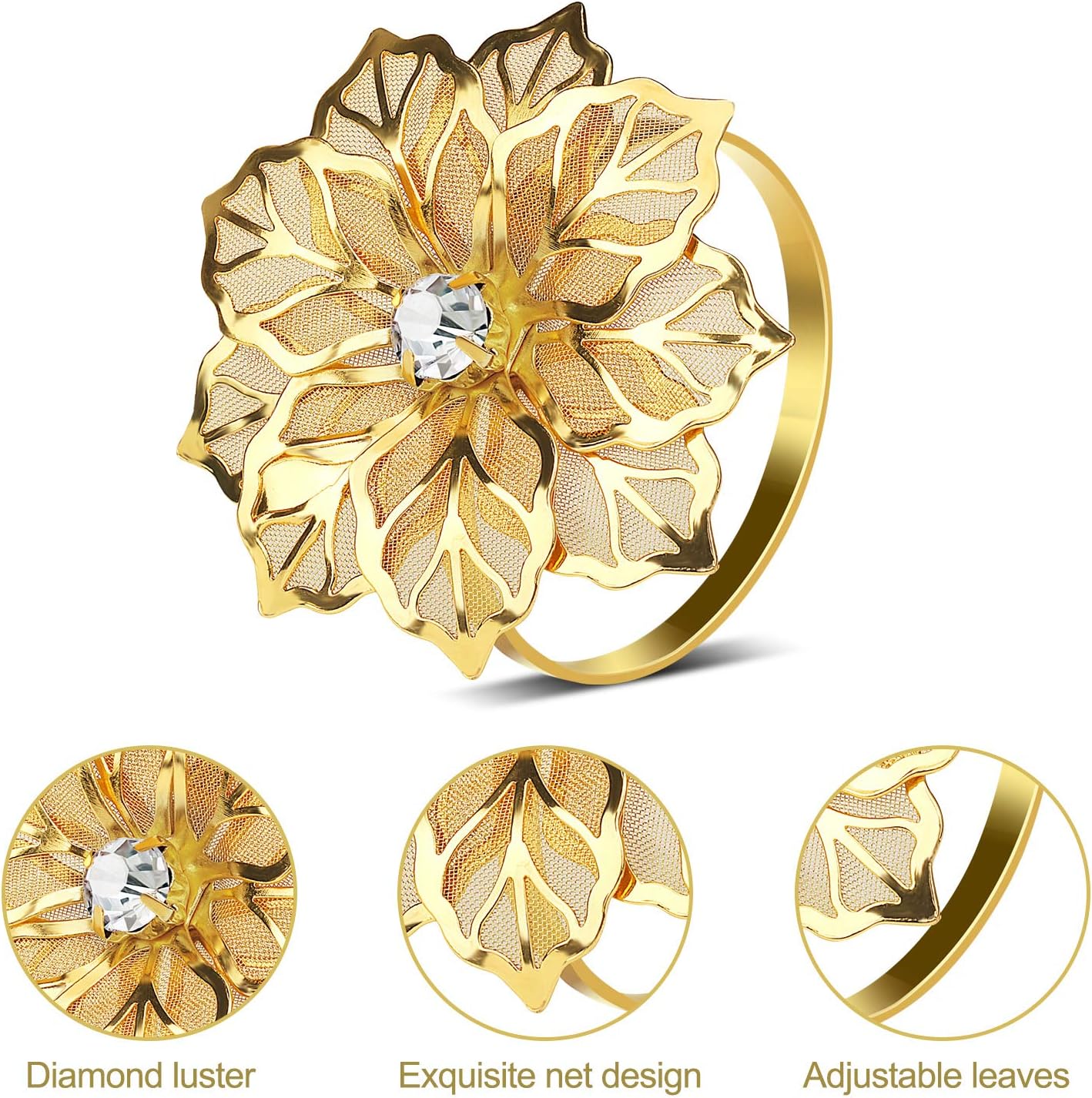 KPOSIYA Flower Napkin Rings Holder Metal Gold Napkin Rings Set of 12 for Wedding Party Holiday Banquet Christmas Dinner Delicate Serviette Buckles Decor Favor (12, Flower-Gold)