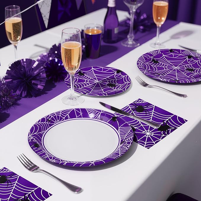 Paper Plates & Napkins, 25 Guest Disposable Party Supplies, Spider Webs and Spider Patterns Tableware Decorations Favors, 75pcs Including 9" & 7" Plates & Napkins for Halloween, Birthday, and Parties