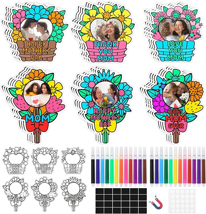 24 Set Mothers Day Crafts Picture Frame Fridge Magnet with Paint Pen Magnet, Mothers Day DIY Art Paper Flower Decorations Kit for Classroom Gifts School Craft Activities Home Party Favor Bulk Supplies