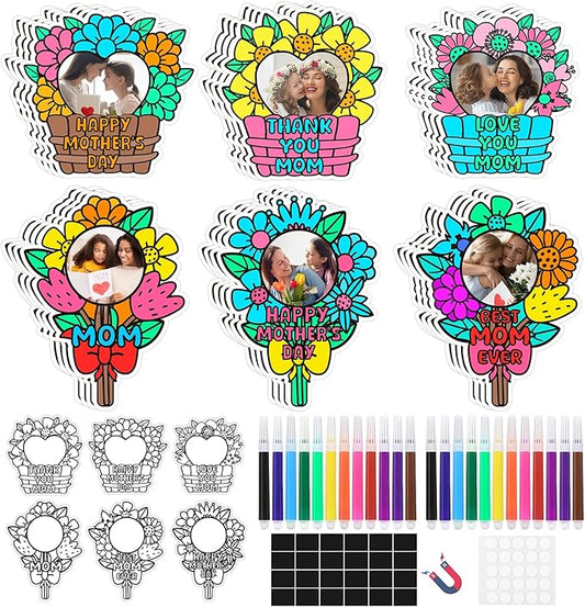 24 Set Mothers Day Crafts Picture Frame Fridge Magnet with Paint Pen Magnet, Mothers Day DIY Art Paper Flower Decorations Kit for Classroom Gifts School Craft Activities Home Party Favor Bulk Supplies