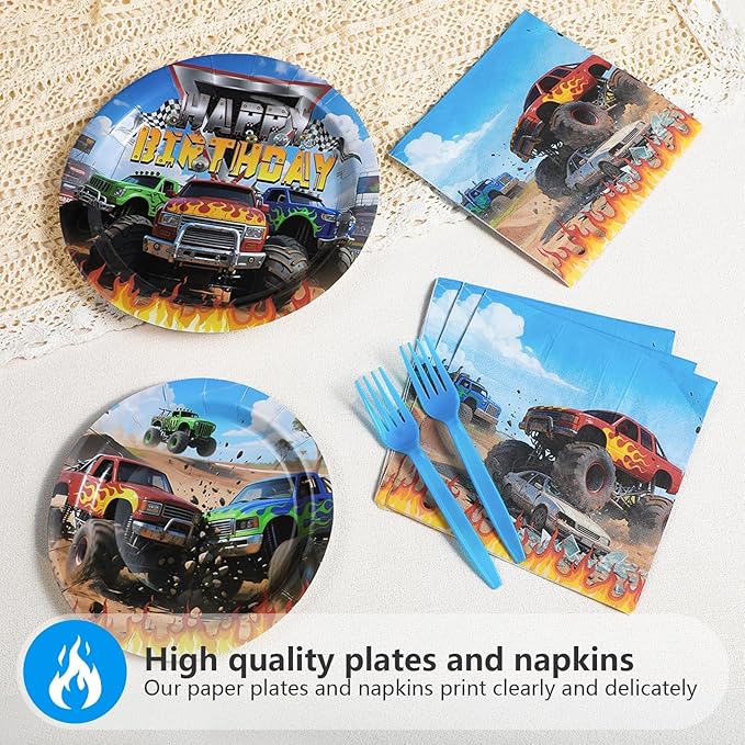 Grencian 96Pcs Monster Themed Truck Birthday Party Decorations Monster Themed Truck Plates and Napkins Forks Tableware for Kids Boys Car Birthday Party Decorations Serves 24
