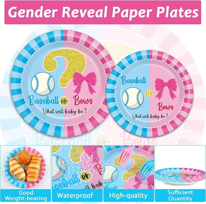 OBUSATT 96Pcs Baseball or Bows Gender Reveal Party Supplies Baseball Gender Reveal Paper Plates Napkins Boy or Girl Baseballs or Bows Decorations Blue or Pink Baseballs Party Tableware Serves 24