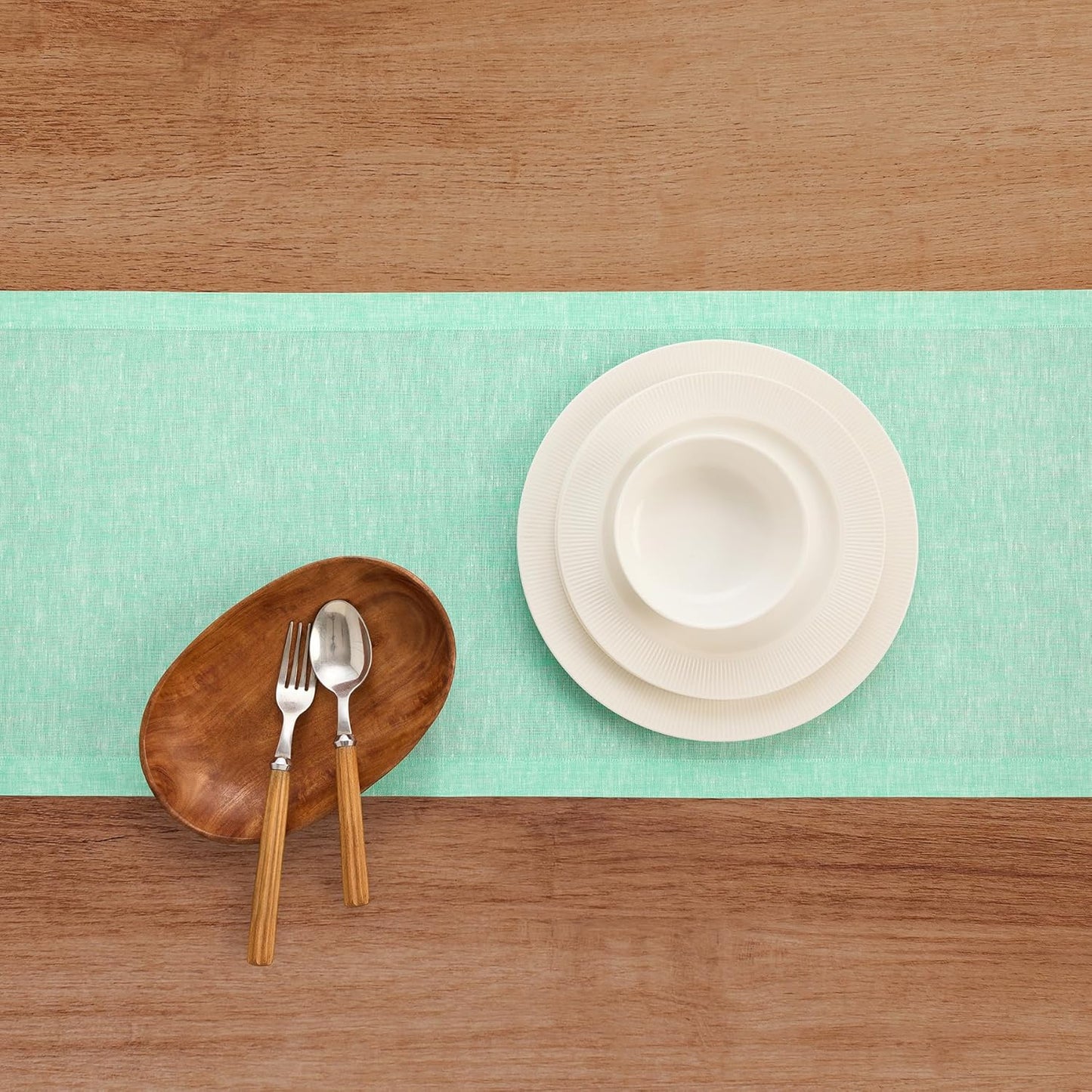 Solino Home Linen Table Runner 72 Inches Long - Athena, 100% Pure Linen Chambray Aqua Dining Table Runner 14 x 72 Inch