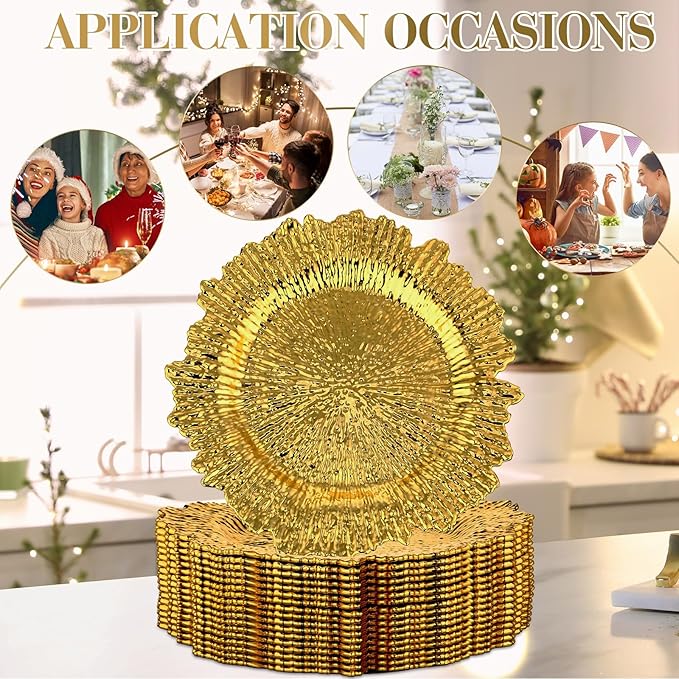 32 Pack Charger Plates Set Reef Chargers for Dinner Table Serving Tray Floral Plastic Decorative Plates for Table Setting Wedding Party, 13 Inch(Gold)