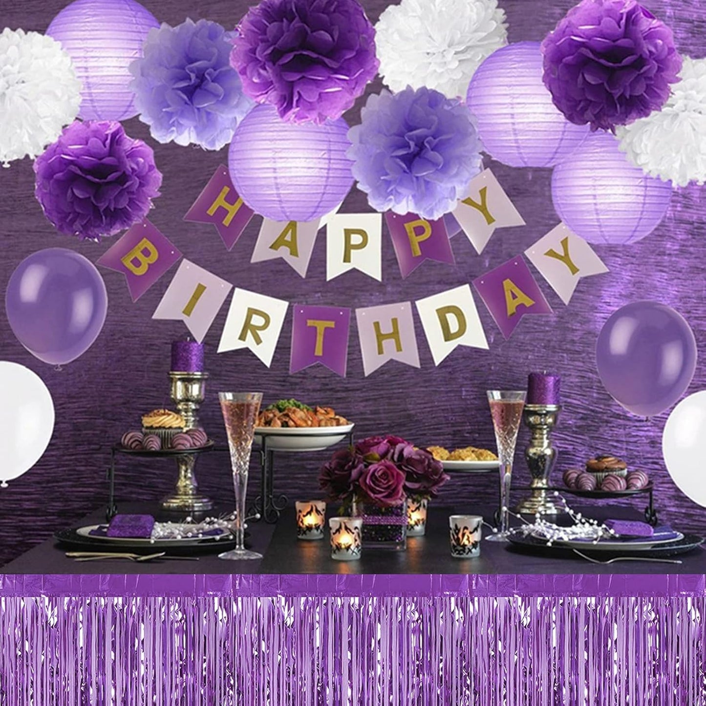 6 Pack 29x108 Inch Light Purple Metallic Foil Fringe Table Skirts Banner for Tinsel Streamer Garland Curtains Backdrop for Parade Floats Wedding Baby Shower Birthday Christmas Halloween Party Decor
