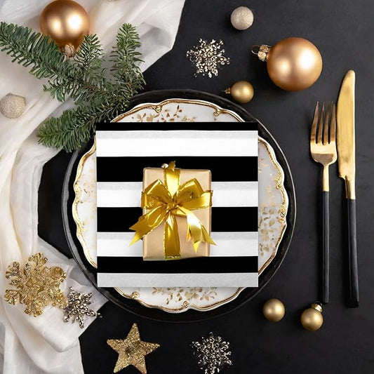 BLUE PANDA Dinner Napkins - Classic Black & White Stripe Pattern - Disposable Cocktail & Wedding Napkins - Versatile Decorative Party 2-Ply Guest Towels - 150 Count, 6.5 x 6.5 in, Black & White