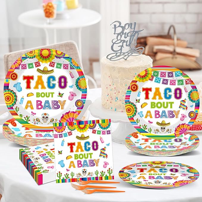 96Pcs Taco Baby Shower Party Supplies Taco Bout A Baby Paper Plates Napkins Dia De Los Muertos Mexican Fiesta Party Decorations Day of The Dead Dinnerware Favor Boys Girls Tableware Serves 24