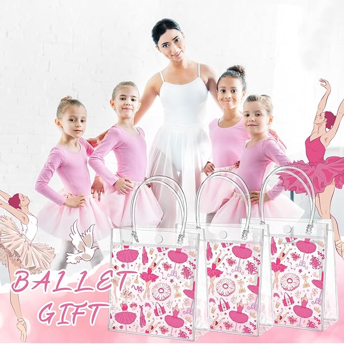 Tioncy 24 Pcs Dance Gift Bags Bulk Dance Bag Ballerina Party Favors Ballerina Party Supplies with Handles Clear PVC Candy Goodie Snack Ballet Birthday Boxes