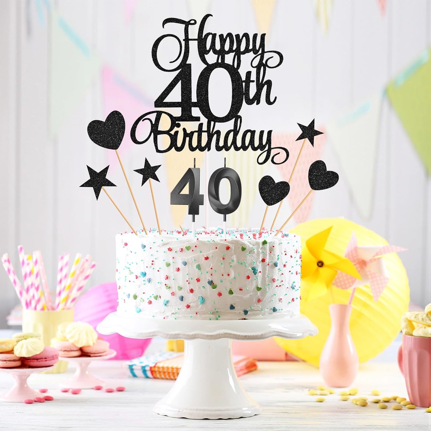 40th Birthday Cake Decorations, 40th Birthday Candles Cake Numeral Candles and Glitter Happy 40th Birthday Cake Toppers Set for Birthday Party Supplies (Black)