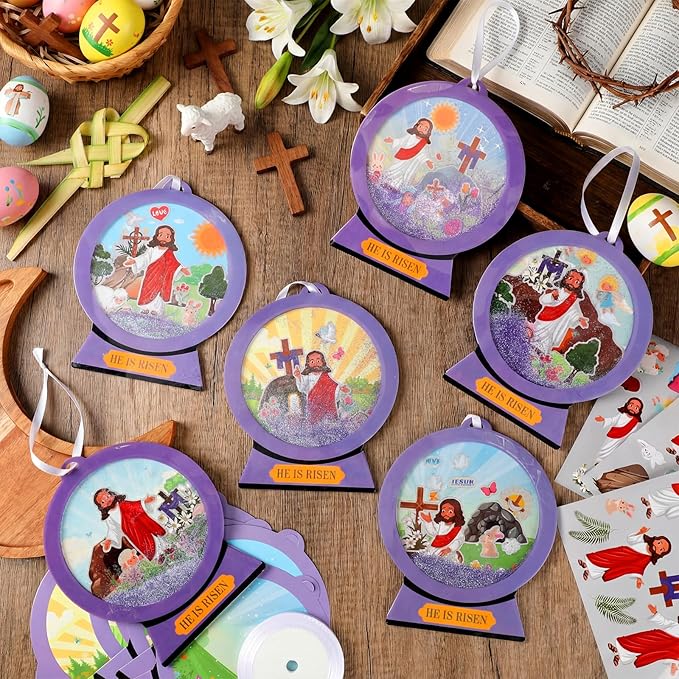 Frienda 48 Set He is Risen Scene Craft Kit Religious Crafts for Kids DIY Shaking Globe Craft Make a Jesus Risen Ornament Bulk with Glitter Sequins Paper for Sunday School Christian Religious Decor
