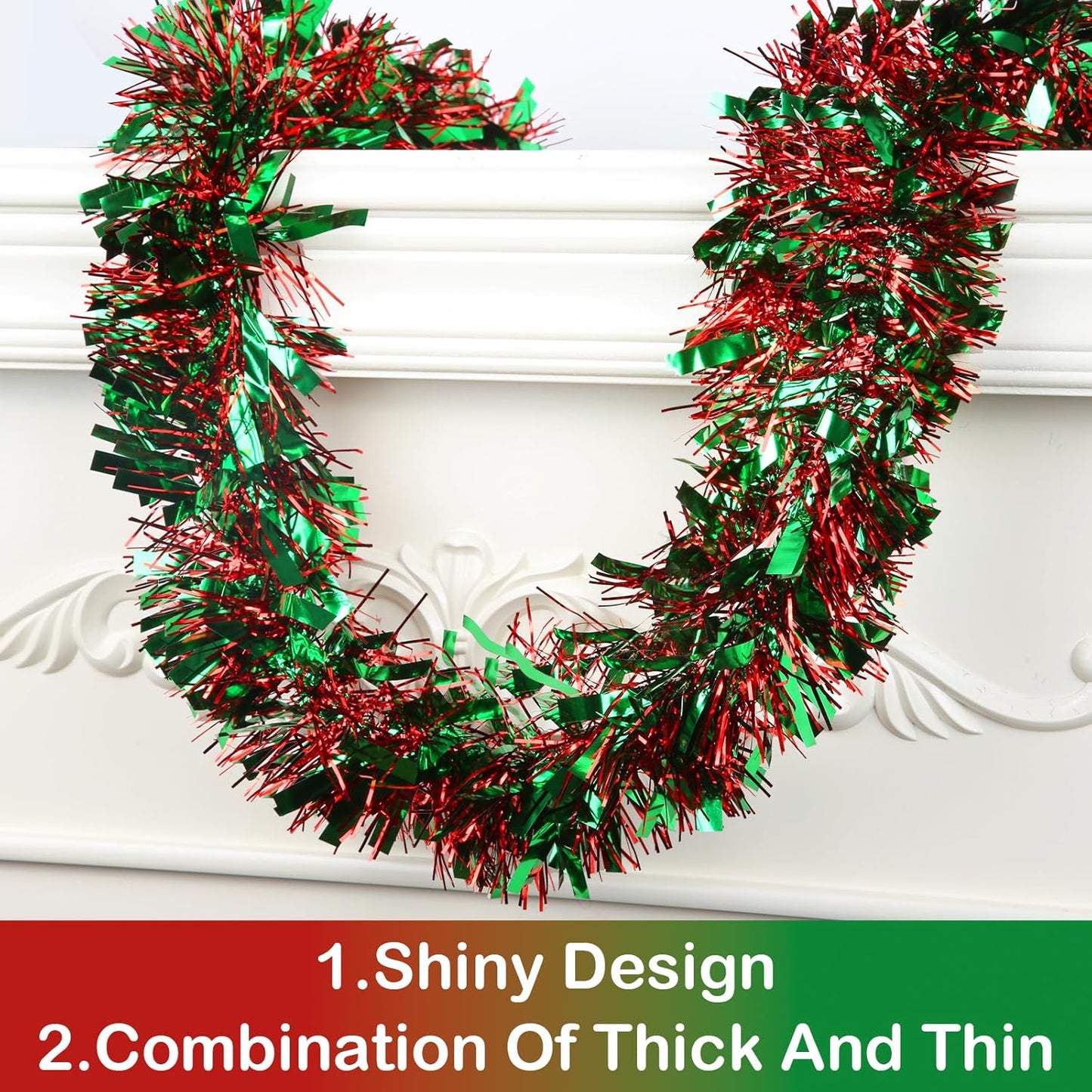 50 Feet Christmas Tinsel Garland Metallic Tinsel Garland Christmas Tree Decorations for Christmas Party Supplies Indoor and Outdoor Decor (Red and Green)