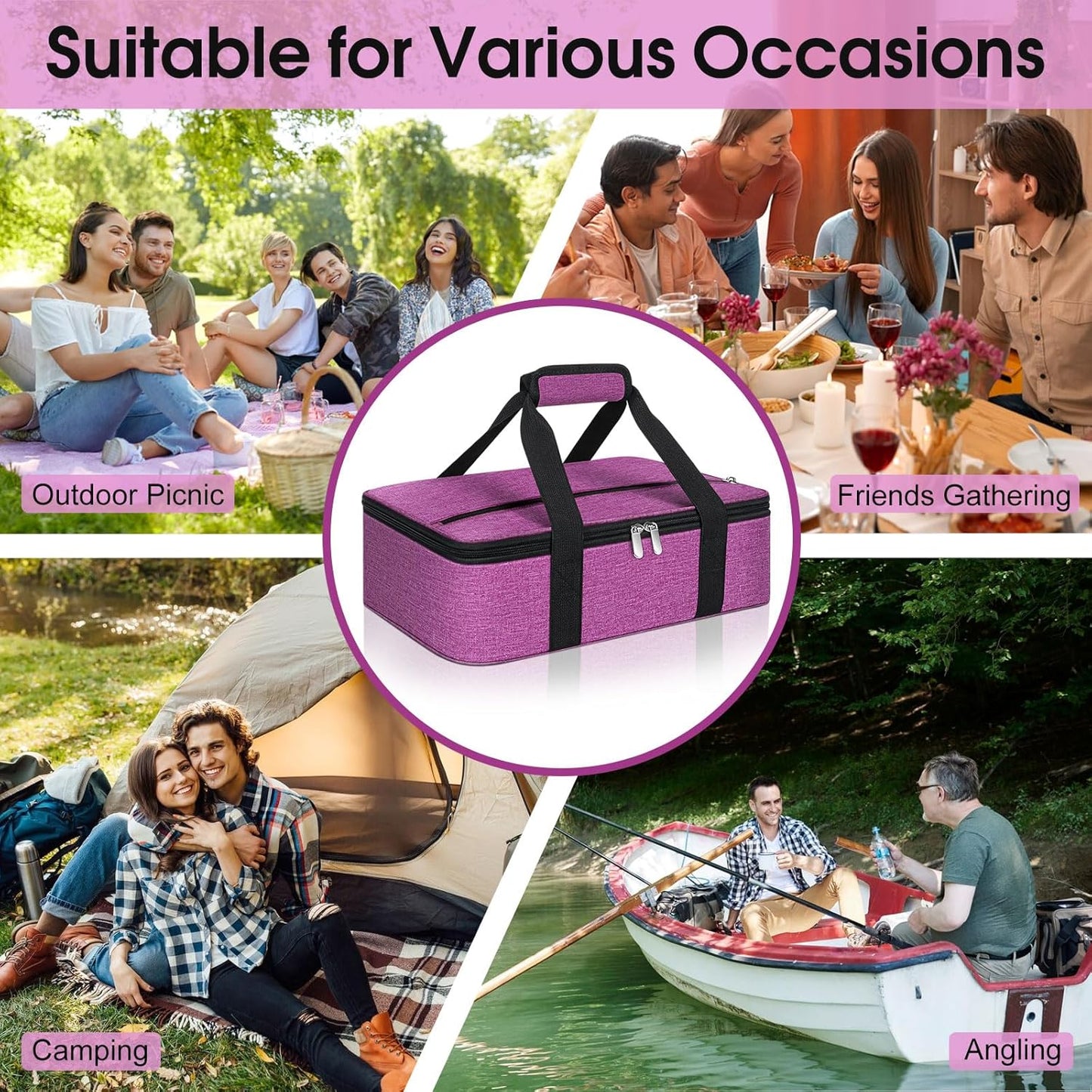 Insulated Casserole Carrier, Portable Casserole Carrier for Hot or Cold Food Lunch Tote Warmer or Cooler Bag, Lasagna Lunch Bag for Potluck Parties- Fits 9" x 13" Baking Dish-Rose Purple
