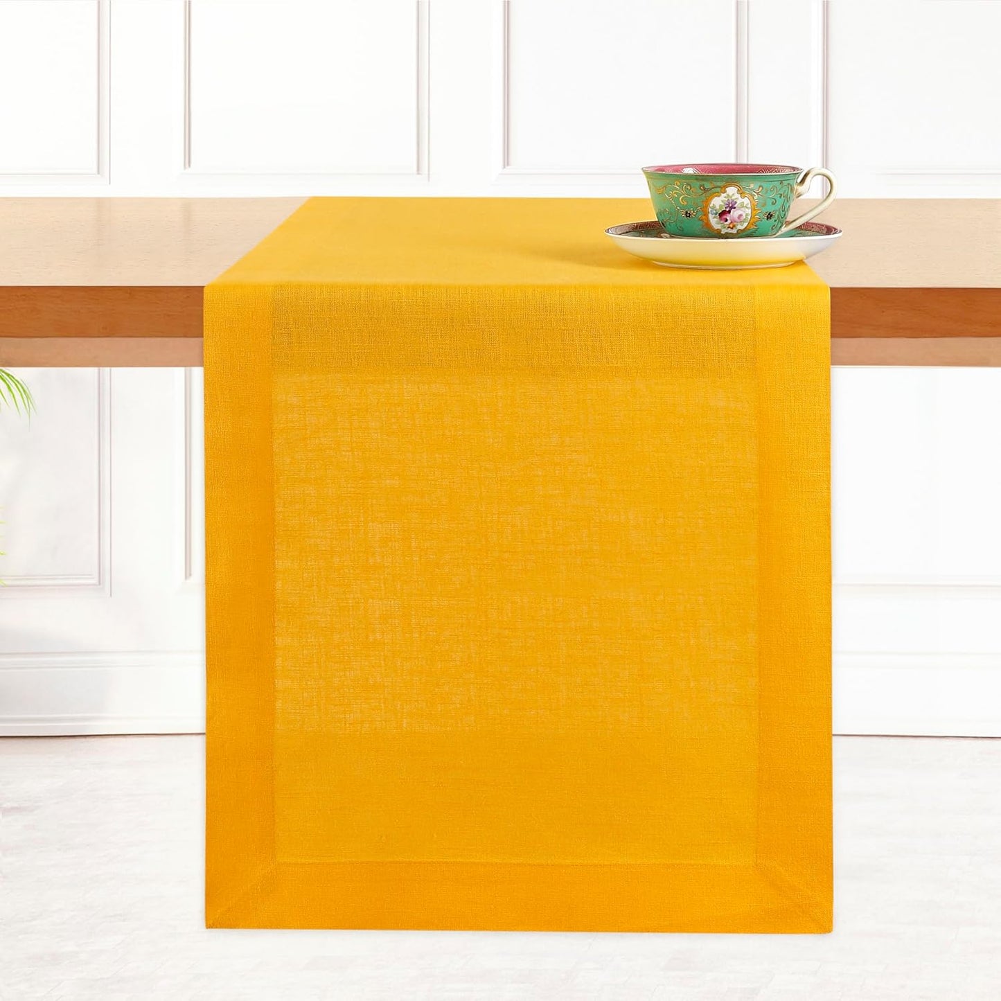 D'Moksha Homes Linen Table Runner 54 Inches - 100% Pure Linen Sunflower Yellow Table Runner 14 x 54 Inch for Dresser, Coffee Tables, Fall, Autumn and Halloween - Machine Washable