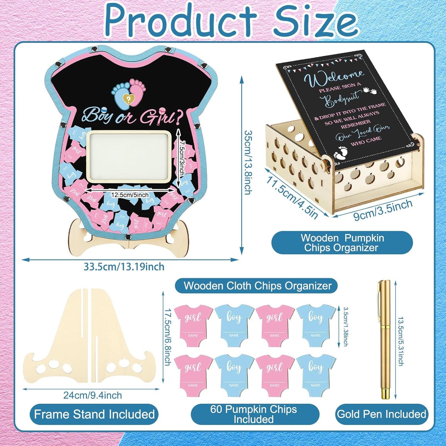 Wenqik 63 Pcs Gender Reveal Baby Shower Guest Book Alternatives Set Baby Shower Decorations with Photo Frame Sonogram Frame Keepsake 60 Wood Slices Guest Book for Birthday