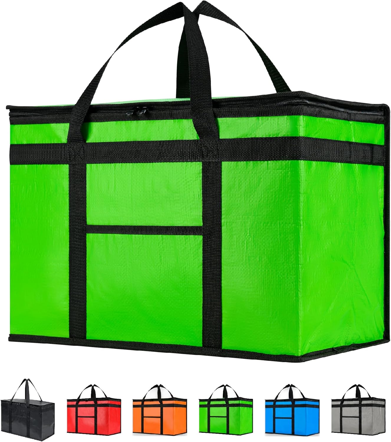 Durable XXL PRO Insulated Cooler Bag and Food Warmer for Delivery & Grocery Shopping with Zippered Top, Green Commercial Grade (1 Pack)