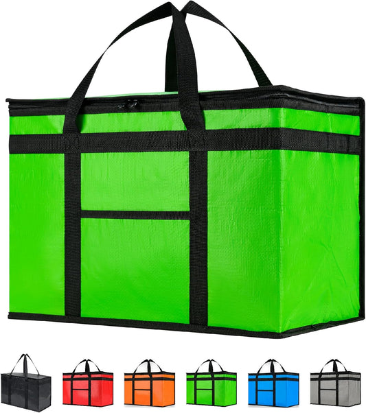 Durable XXL PRO Insulated Cooler Bag and Food Warmer for Delivery & Grocery Shopping with Zippered Top, Green Commercial Grade (1 Pack)