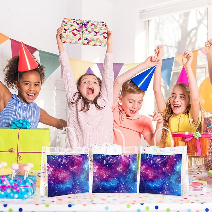 Kacctyen 24 Pcs Galaxy Party Clear PVC Gift Bags Starry Sky Favor Bags Space Treat Tote Starry Night Gift for Solar System Planet Birthday Baby Shower Party Supplies, 7.87 x 7.87 x 3.15 Inch