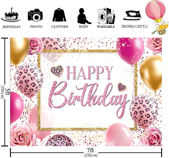 Homewelle Happy Birthday Backdrop 7Wx5H Feet Polyester Fabric Pink Leopard Balloon Heart Elegant Flower Rose Plant Botanical Decoration Gold Glitter Girly Photography Background Photo Shoot Props