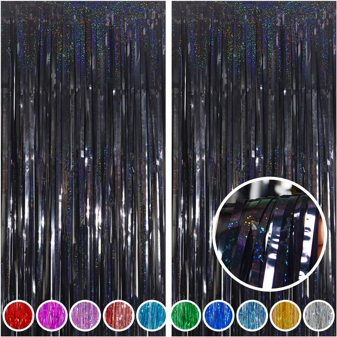Melsan Halloween Party Decorations Tinsel Backdrop Streamers, Black Foil Fringe Curtains 3.2 ft x 8.2 ft for Halloween New Year Graduations Party Photo Booth Props Decorations, 2 Pack