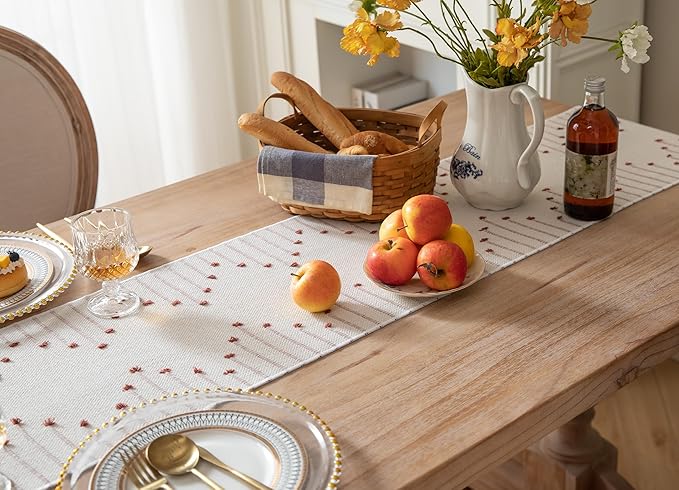 Caflife Boho Table Runner 13 x 90 Inch Long Natural Cotton Woven Runner with Tassels for Fall Home Dining Table décor, for Modern Farmhouse Decor Coffee Table Runner, Rust and Beige