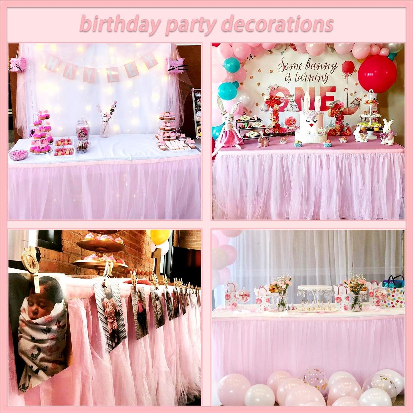 Suppromo 14ft Pink Table Skirt Tulle Tutu Tablecloth for Rectangle or Round Table For Birthday Party Baby Shower Wedding Decorations (L14(ft) H 30in, Pink)