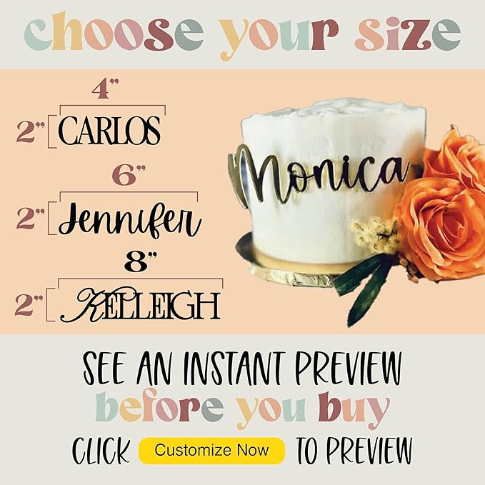Custom Cake Name Plate | Custom Cake Topper Name for Birthday Party Shower Wedding | 40+ Color, Font, and Size Options | Wedding Place Card Birthday Decoration Made of Acrylic