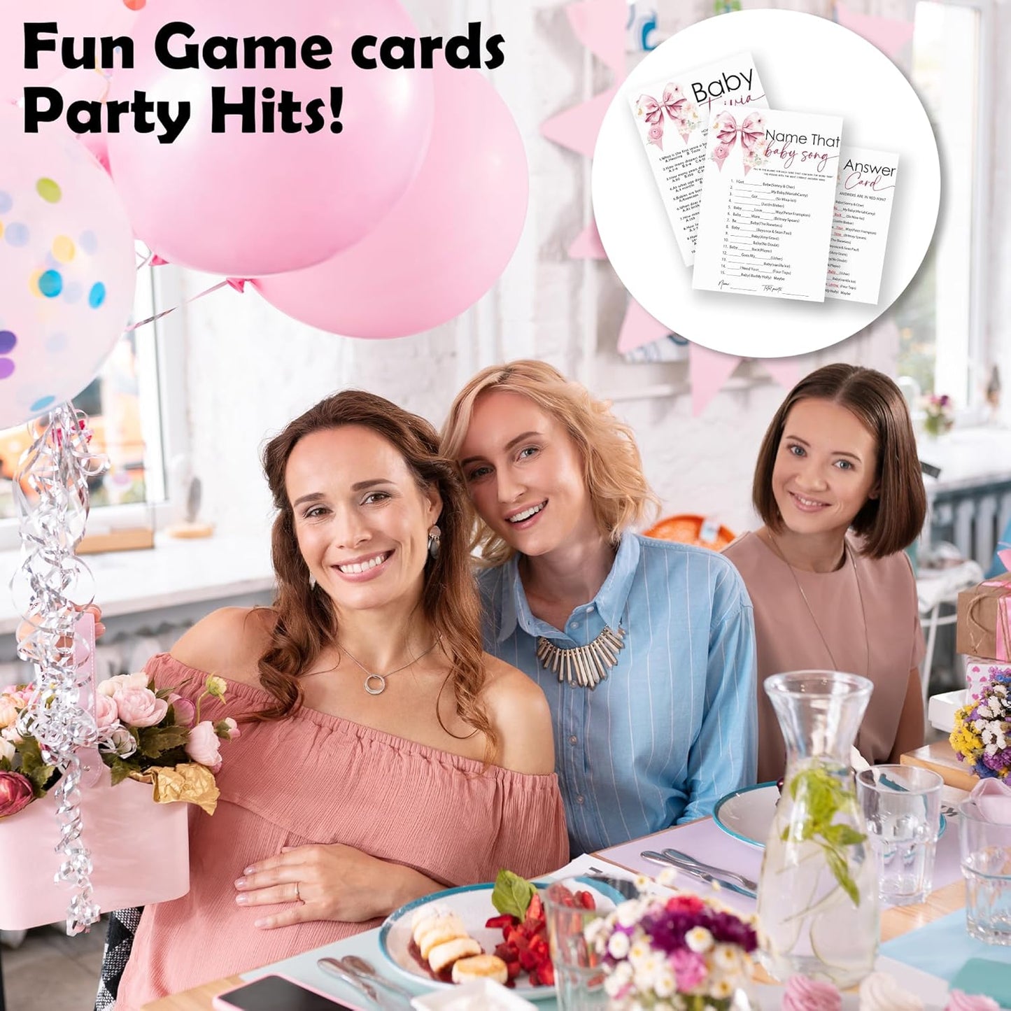 Name That Baby Song & Trivia Theme Baby Shower Game Activities-30 Pink Bow & Floral Double-Sided Game Cards(5’’x7 ’’) & 1 Answer Card(4’’x6’’) For Boys & Girls-Gender Natural Decor & Supplies-A02