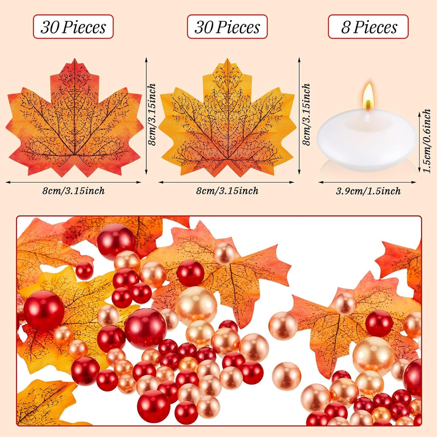 MTLEE 124 Pcs Thanksgiving Vase Filler Faux Pearl for Vase Filler with 8 White Unscented Candles for Fall Thanksgiving Home Table Party Festival Decors, Not Included Clear Beads(Maple Leaves)