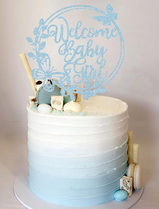 Welcome Baby Girl Cake Topper - Light Blue Glitter Baby Shower Cake Decorations, Baby Girl Cake Decor, for Baby Shower/Birthday Party/Gender Reveal Party Photo Booth Props