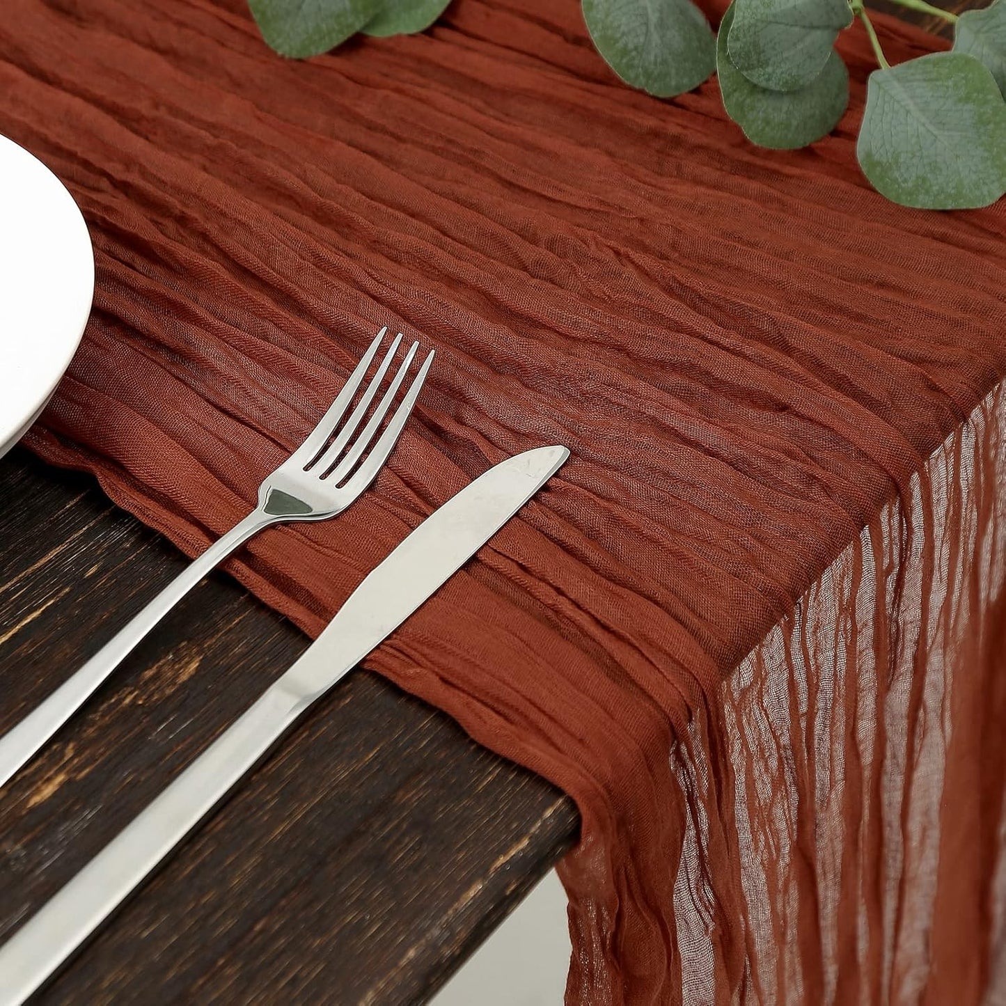 DOLOPL Thanksgiving Table Runner Fall Cheesecloth Table Runner 13.3ft for Thanksgiving Decorations, Rust Gauze Cheese Cloth Runner 160inch Long for Wedding Bridal Baby Shower Table Decorations