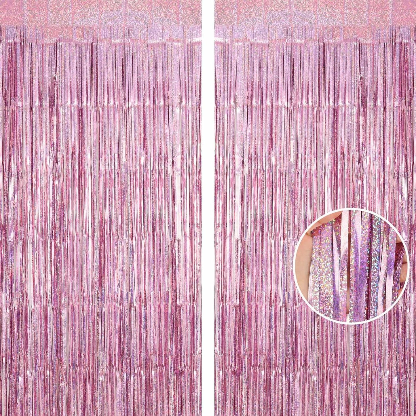 Pink Tinsel Foil Fringe Curtain Backdrop, 3.3 x 8.2 ft Metallic Glitter Curtain Streamers, 2 Pack Pink Photoboth for Birthday Bridal Shower Valentines Day Party Decorations
