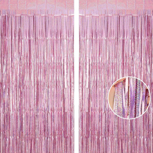 Pink Tinsel Foil Fringe Curtain Backdrop, 3.3 x 8.2 ft Metallic Glitter Curtain Streamers, 2 Pack Pink Photoboth for Birthday Bridal Shower Valentines Day Party Decorations