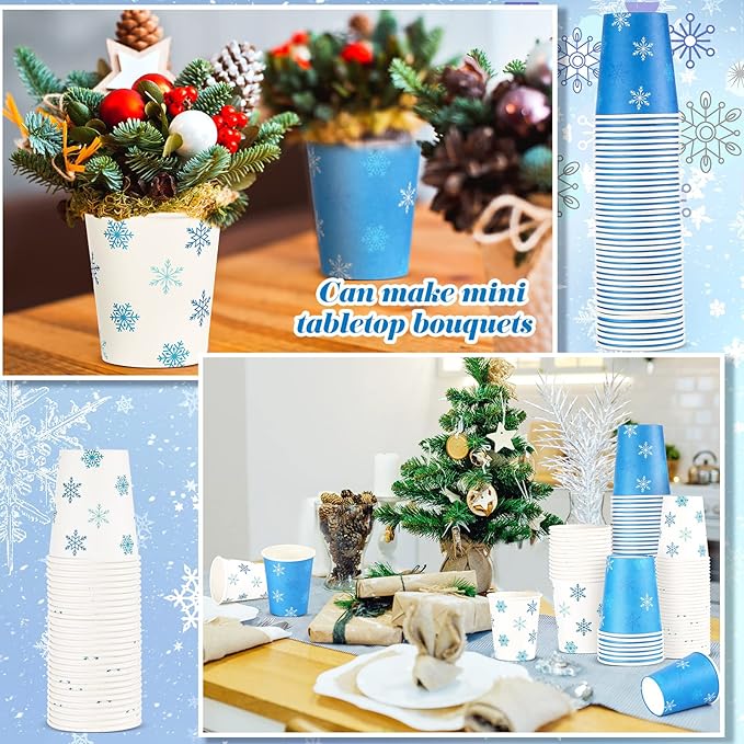 Funtery 100 Pieces Christmas Paper Cups Xmas Disposable Coffee Snowflake Santa Snowman Elk Lights Cups 9 Ounce Drinking Tea Paper for Daily Use Holiday (Snowflake Style)