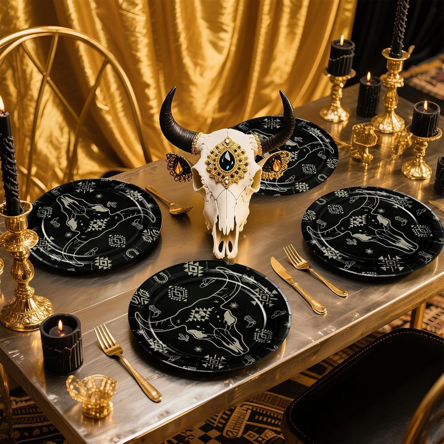 Grencian 50Pcs Bull Skull Decorations 9in Heavy Duty Disposable Western Cow Skull Desert Paper Plates For Southwestern Cowboy Party Supplies