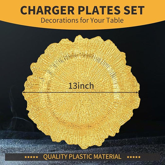 Teruntrue 24 Pcs Gold Charger Plates Bulk 13 Inch Plastic Charger Plates for Dinner Plate, Gold Chargers for Table Setting, Reef Design Plate Floral Decorative Round Chargers for Wedding Party, Event