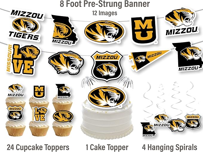 Missouri Party Supplies for Football, Birthday Gift, Graduation Party Banner and Cake Toppers (42 Pieces) (Mizzou Tigers)