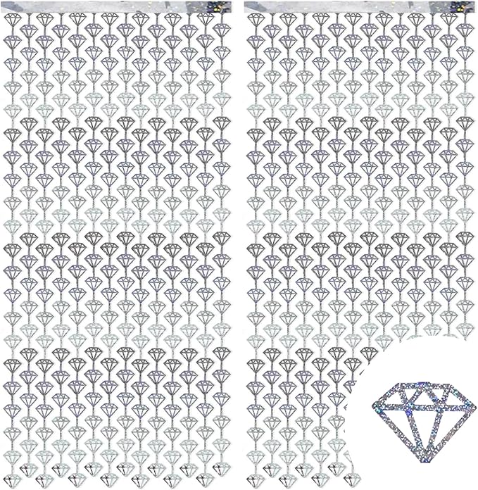Diamond Party Decorations - 2 Packs Silvery Foil Fringe Streamers Curtains for Bachelorette, Birthday Backdrop Decorations,Bridal Shower Party Decorations (3.3x6.6 ft)