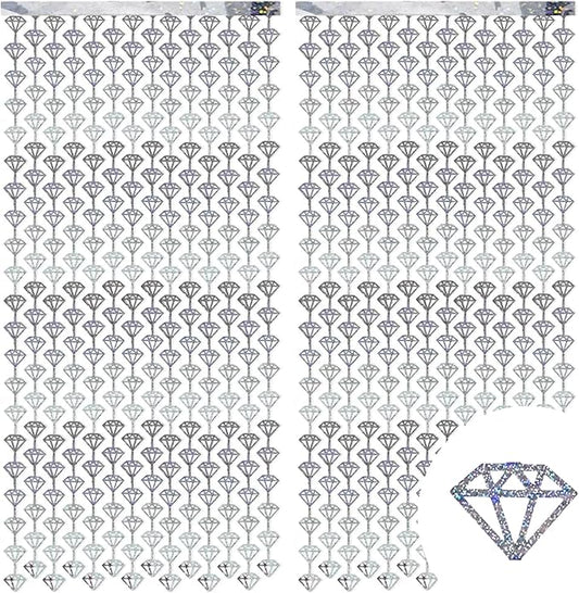 Diamond Party Decorations - 2 Packs Silvery Foil Fringe Streamers Curtains for Bachelorette, Birthday Backdrop Decorations,Bridal Shower Party Decorations (3.3x6.6 ft)