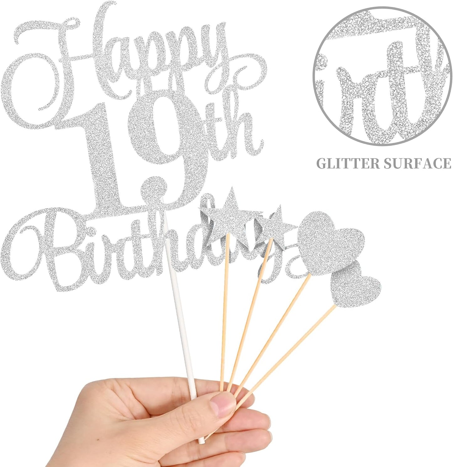 19th Birthday Cake Decorations, 19th Birthday Candles Cake Numeral Candles and Glitter Happy 19th Birthday Cake Toppers Set for Birthday Party Supplies (Silver)
