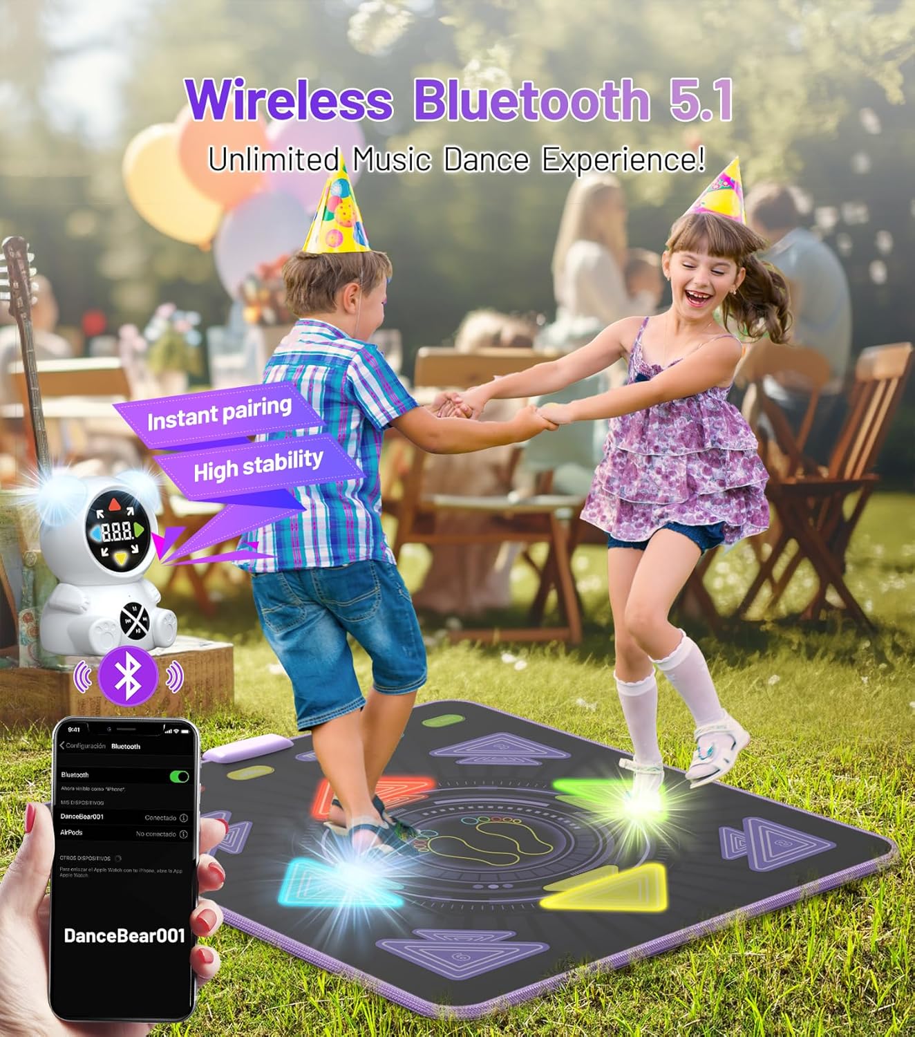 FWFX Dance Floor Games Mat for Kids, Rechargeable Light up Electronic Exercise Toy with Bluetooth for Boys and Girls, Ideal Christmas and Birthday Gift for Kids Ages 3 to 12 (Multicolored)