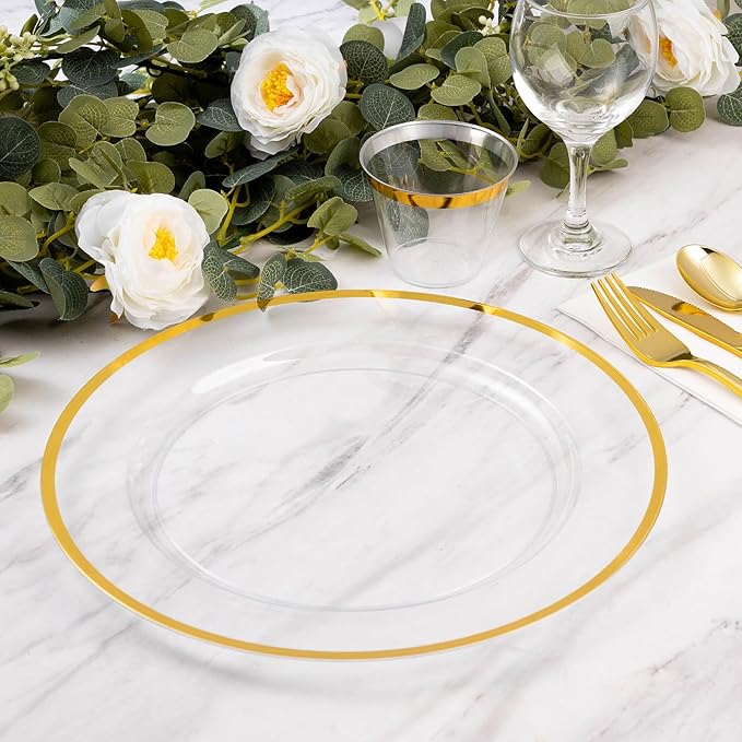 Goodluck 25 Pack Reusable Plastic Clear Charger Plates with Gold Rim, 12-Inch, for Dinner, Wedding, Party, Event Table Decoration, Clear&Gold