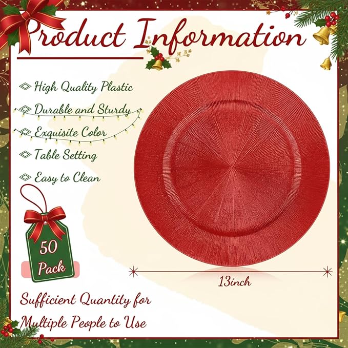 Tanlade 50 Pcs Charger Plates Bulk, 13 Inch Plastic Round Charger Dinner Plates Elegant Wedding Serving Plate for Event Tabletop Wedding Party Bridal Baby Shower Decor (Red)