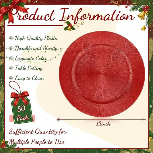 Tanlade 50 Pcs Charger Plates Bulk, 13 Inch Plastic Round Charger Dinner Plates Elegant Wedding Serving Plate for Event Tabletop Wedding Party Bridal Baby Shower Decor (Red)