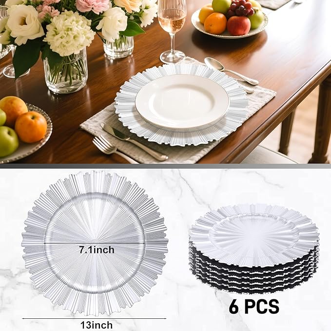 6 Pcs Silver Charger Plates,13 Inch Elegant Fluted Edge Plastic Charger Plates Reusable Table Chargers for Dinner Birthday Wedding Party Bridal Showers Tableware Dishes Luxury Decor