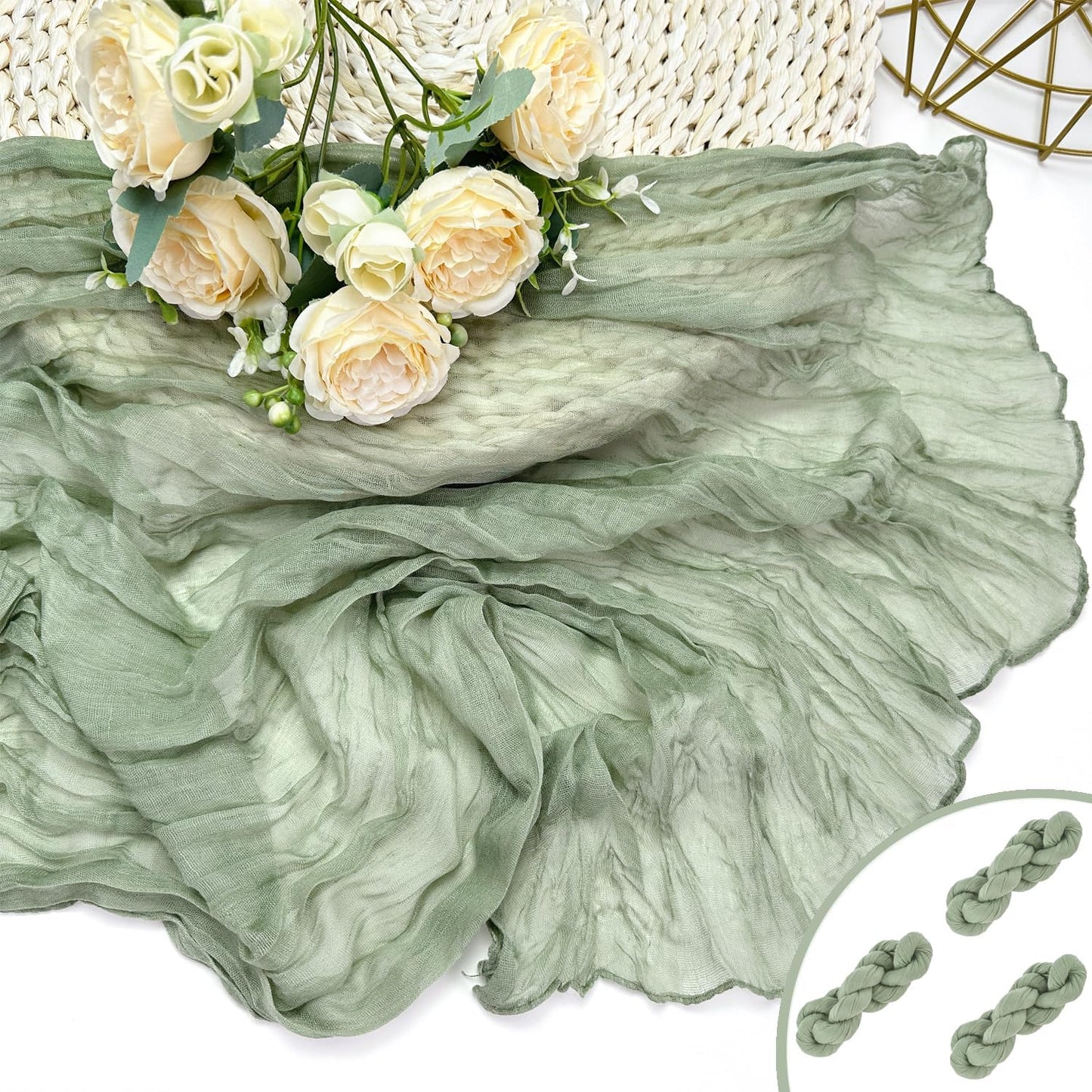 Booque Valley 3 Pack Sage Green Cheesecloth Table Runner 10ft Super Soft Boho Wrinkled Gauze Sheer Cloth for Baby Shower Baptism Birthday Party Wedding Centerpiece Table Decoration, 35x120 Inch