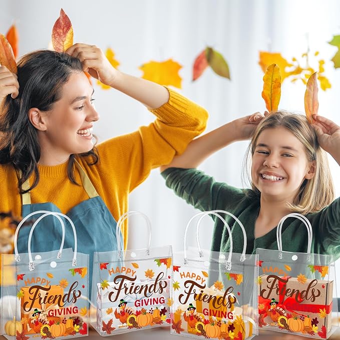 H1vojoxo Friendsgiving Party Gift Bags - 24PCS Happy Friendsgiving Clear PVC Gift Bags with Handle Reusable Thanksgiving Goodie Treat Candy Tote Bag Turkey Pumpkin Maple PVC Tote Bag for Party Decor