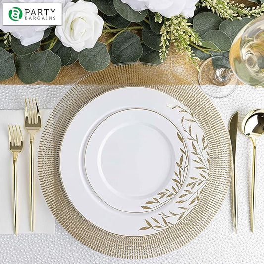 PARTY BARGAINS 13-Inch Charger Plates - 8 Pack, Clear Gold Textured Rim, Heavy-Duty Disposable Chargers for Elegant Dining - Ideal for Weddings and Formal Events