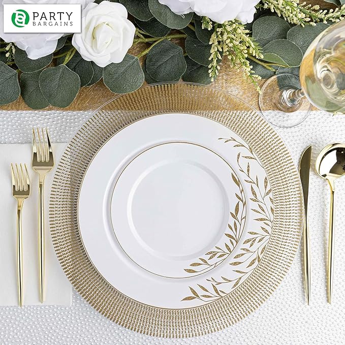 PARTY BARGAINS 13-Inch Charger Plates - 4 Pack, Clear Gold Textured Rim, Heavy-Duty Disposable Chargers for Elegant Dining - Ideal for Weddings and Formal Events